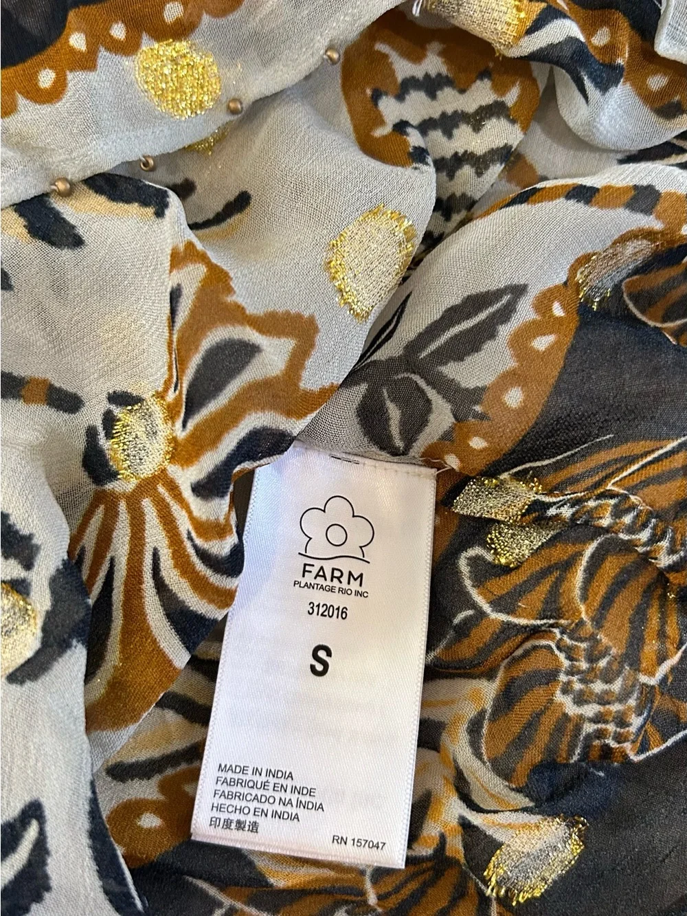 FARM Rio Sheer Floral High-Neck Blouse in White, Mustard and Black EUC